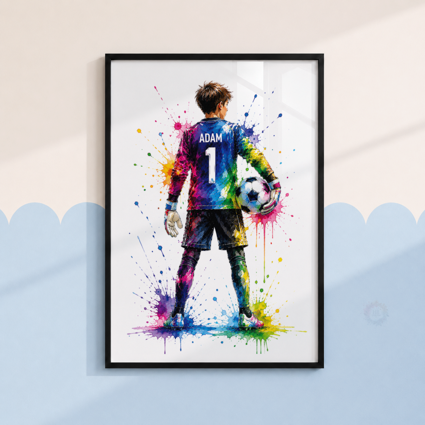 Personalised Colourful Goalkeeper Football Wall Art Set – Name & Number Prints