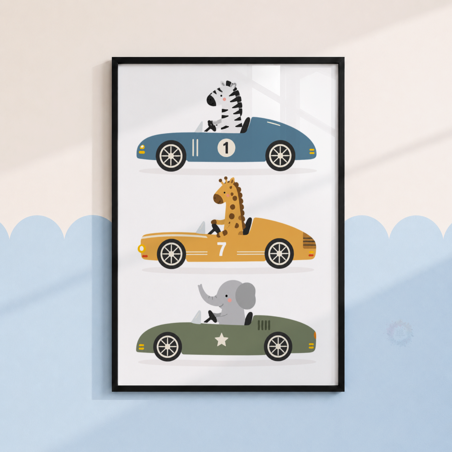 Safari Animal Racing Cars Print – Zebra, Giraffe & Elephant Nursery Wall Art