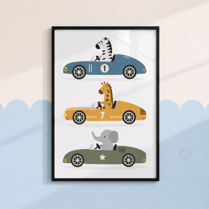 Safari Animal Racing Cars Print – Zebra, Giraffe & Elephant Nursery Wall Art
