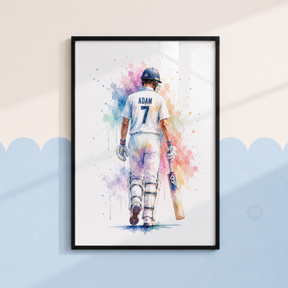 Personalised Cricket Wall Art Prints – Set of 3 Watercolour Bat, Player & Helmet Prints