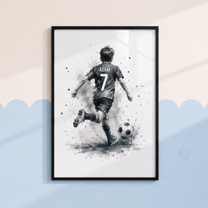 Personalised Black & White Football Wall Art Set – Football Player, Goal & Ball Prints