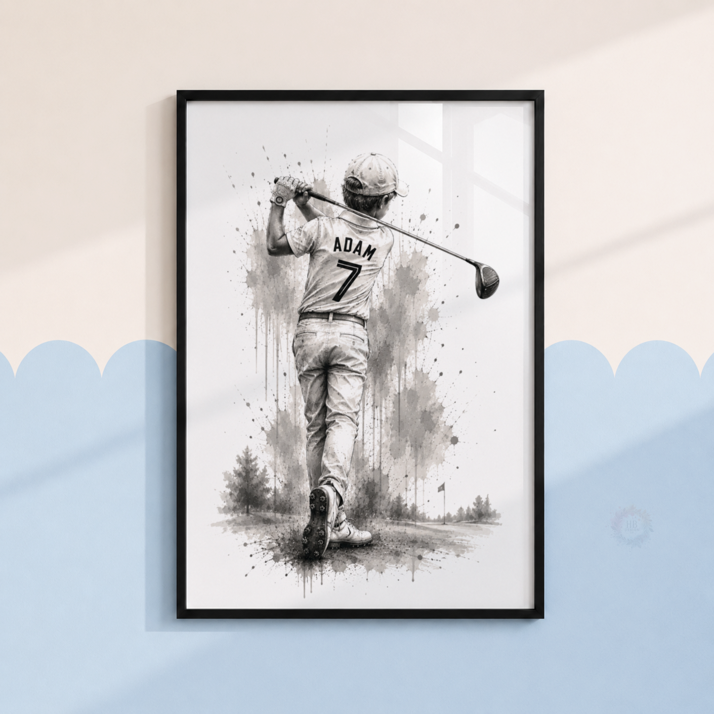 Personalised Golf Wall Art Print Set – Black & White Custom Name & Number