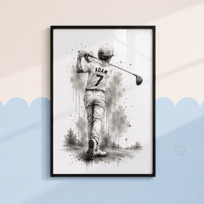 Personalised Golf Wall Art Print Set – Black & White Custom Name & Number