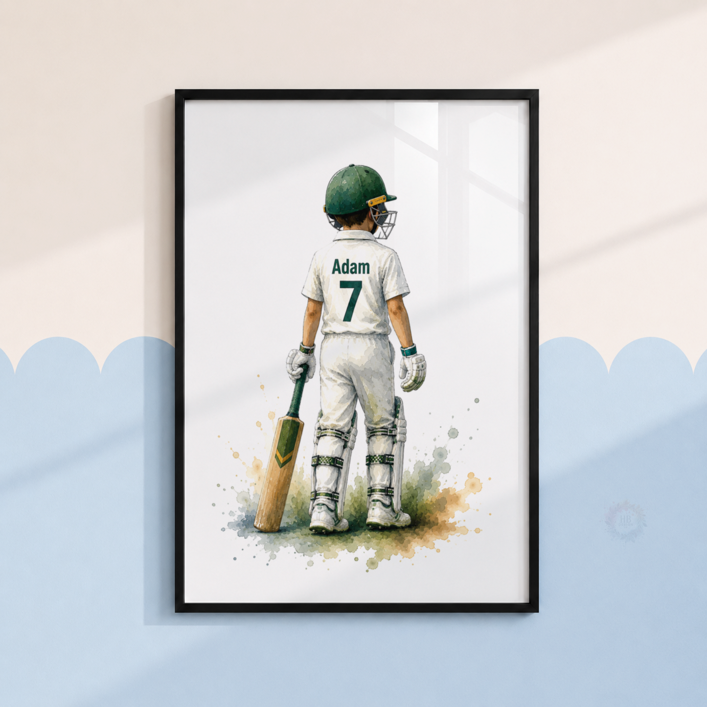 Personalised Cricket Prints – Set of 3 Green Watercolour Bat, Player & Helmet Wall Art