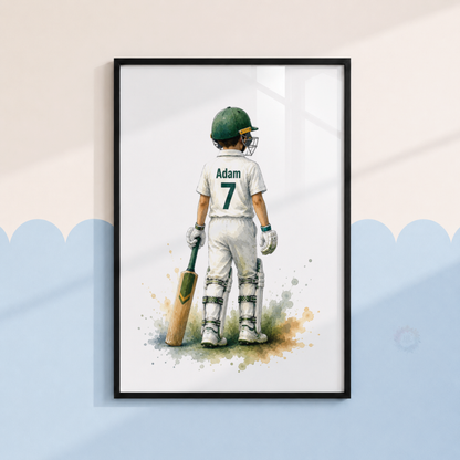 Personalised Cricket Prints – Set of 3 Green Watercolour Bat, Player & Helmet Wall Art
