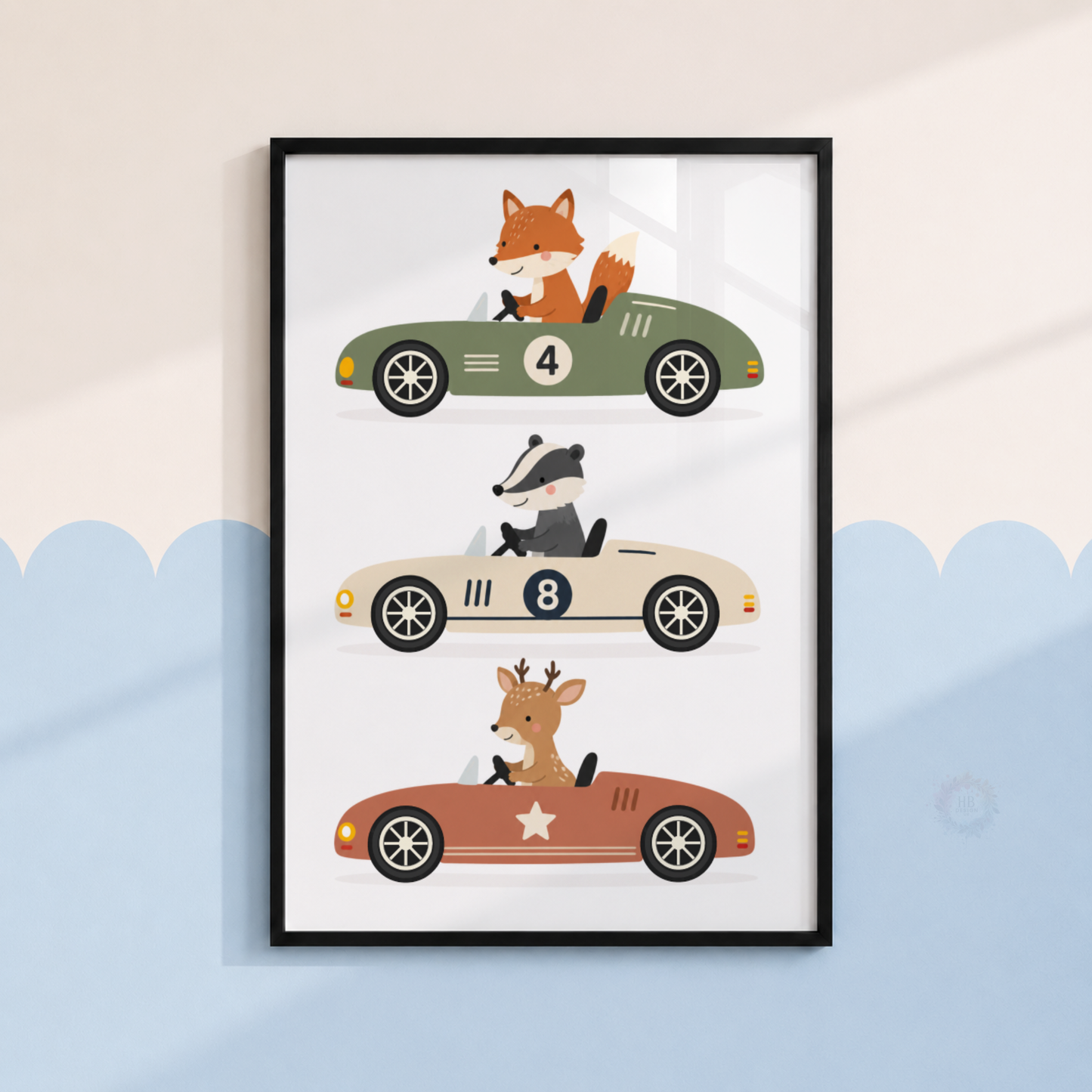 Woodland Animal Racing Cars Print – Fox, Badger & Deer Nursery Wall Art