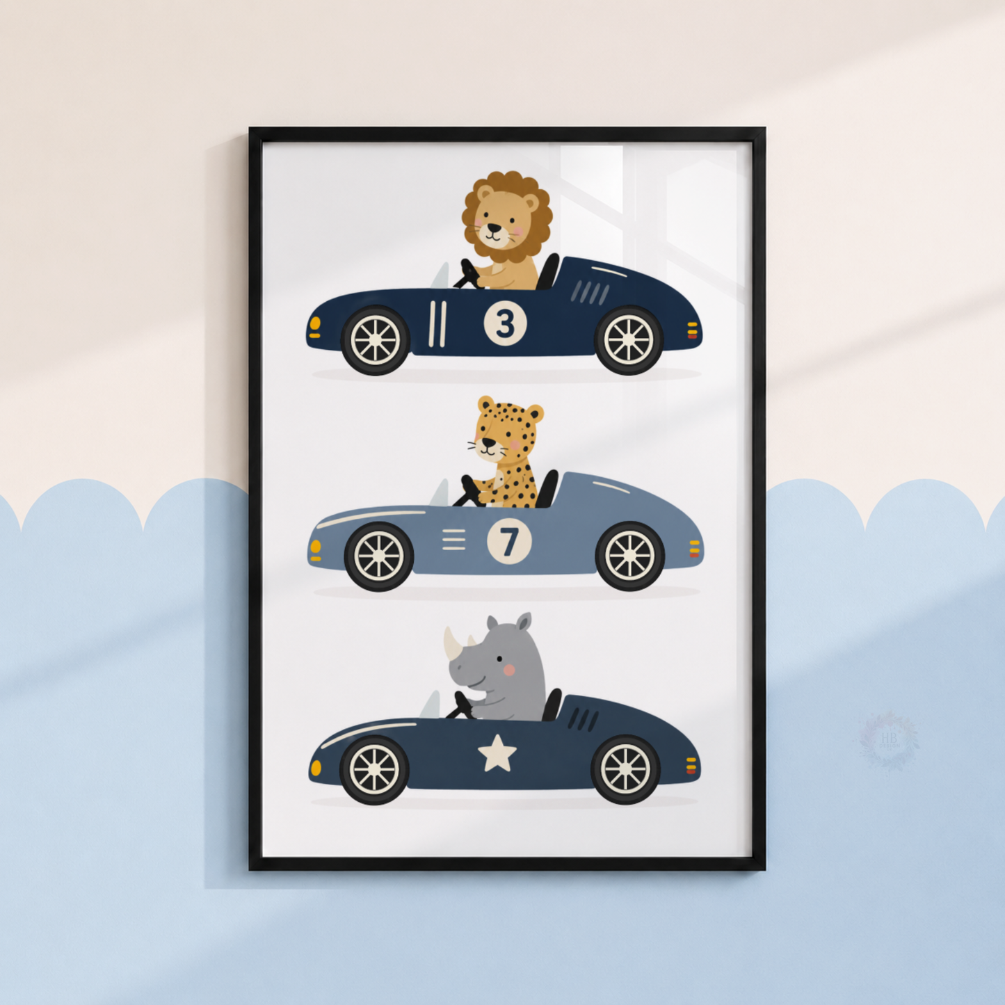 Safari Animal Racing Cars Print – Lion, Cheetah & Rhino Nursery Wall Art