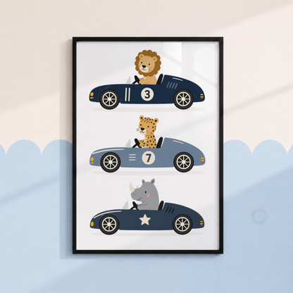 Safari Animal Racing Cars Print – Lion, Cheetah & Rhino Nursery Wall Art