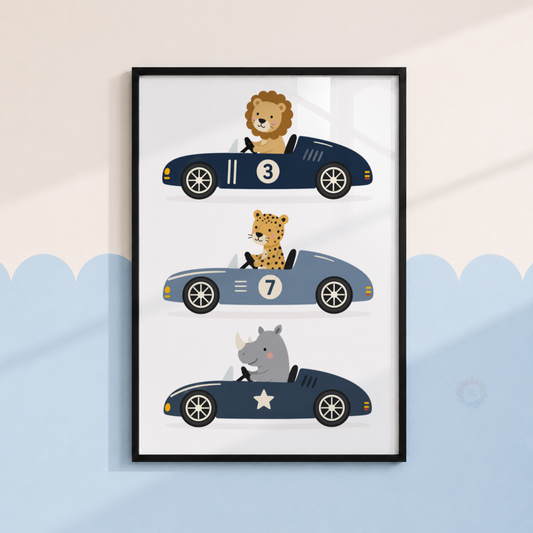 Safari Animal Racing Cars Print – Lion, Cheetah & Rhino Nursery Wall Art