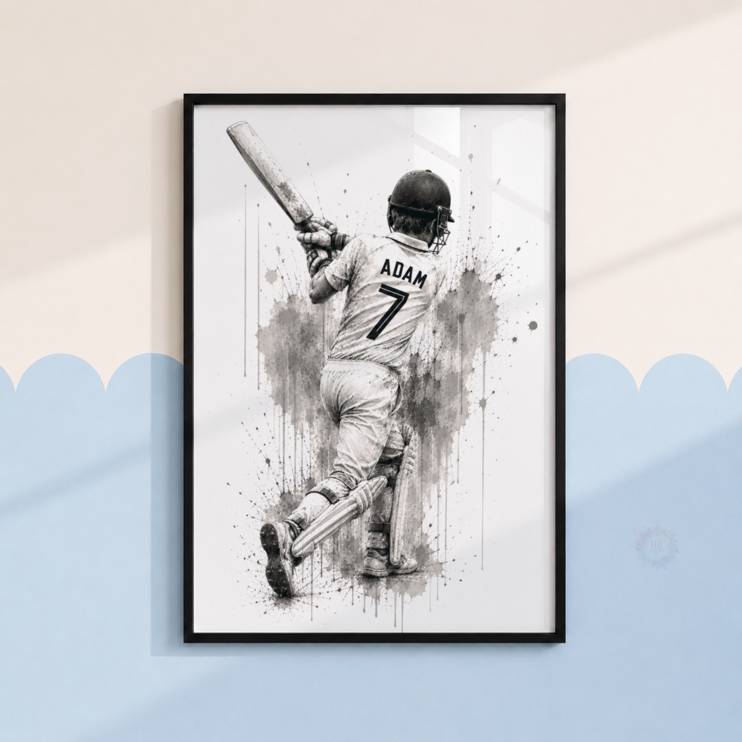 Personalised Cricket Wall Art Print Set – Black & White Custom Name & Number