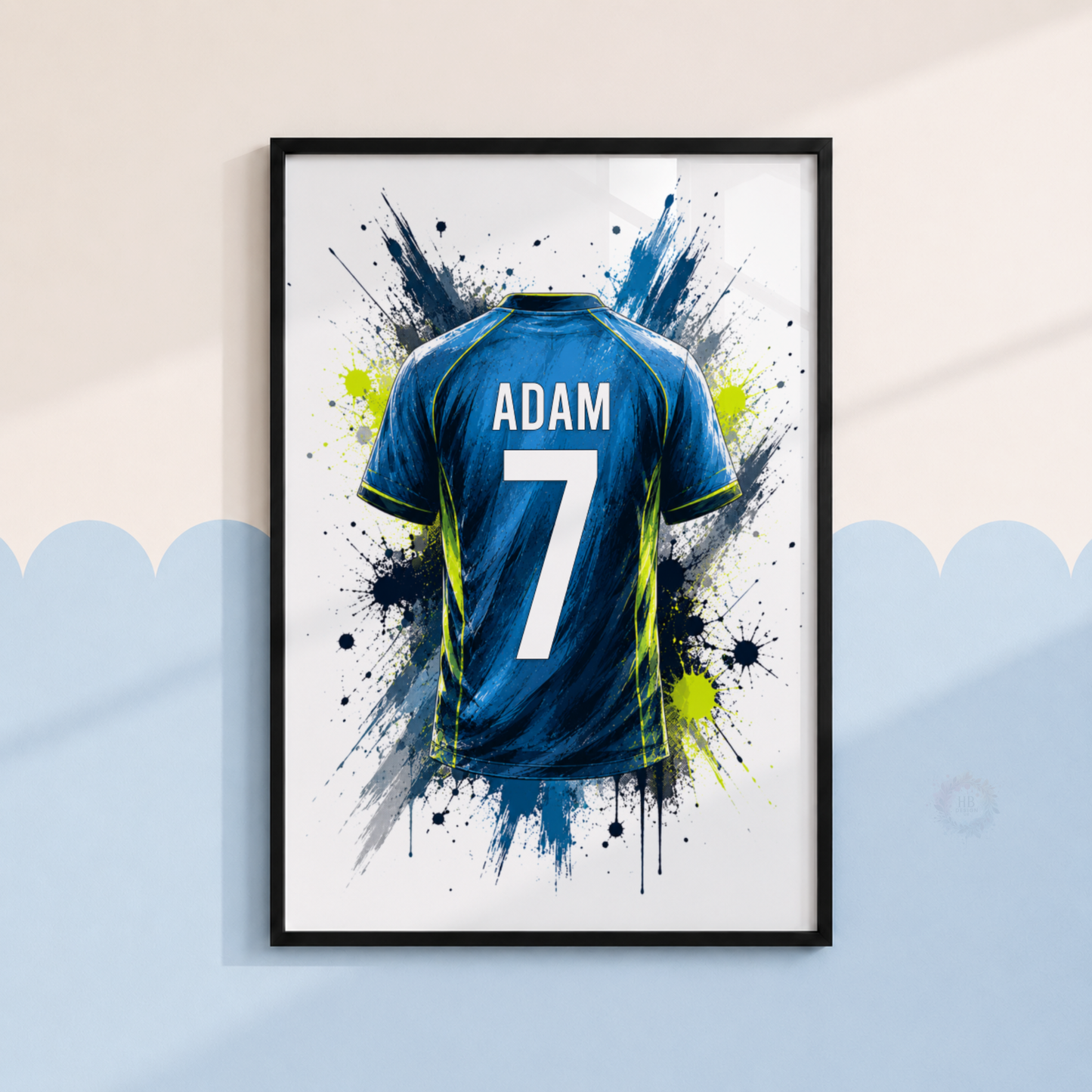 Personalised Blue Football Wall Art Set – Name & Number Football Prints