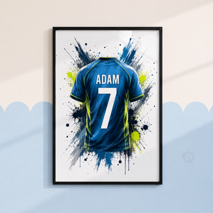 Personalised Blue Football Wall Art Set – Name & Number Football Prints