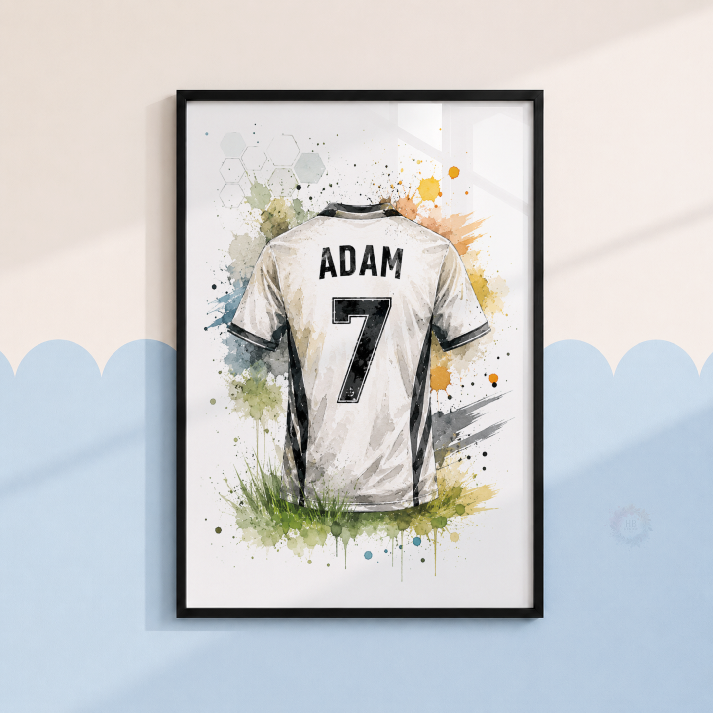 Personalised Football Wall Art Set – Green Watercolour Name & Number Prints