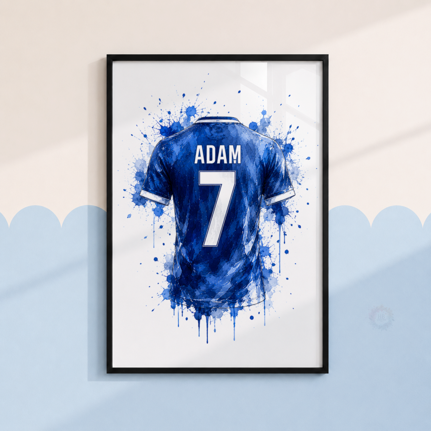 Personalised Blue Watercolour Football Wall Art Set – Name & Number Prints
