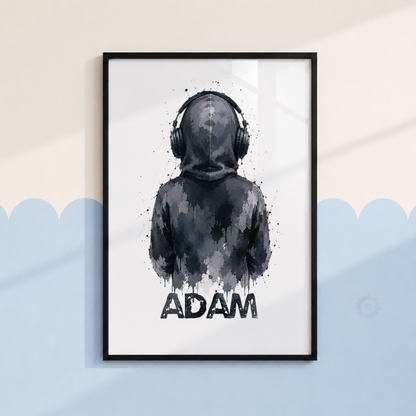 Personalised Black & Grey Gamer Wall Art Set – Controller, Gamer & Headphones Prints
