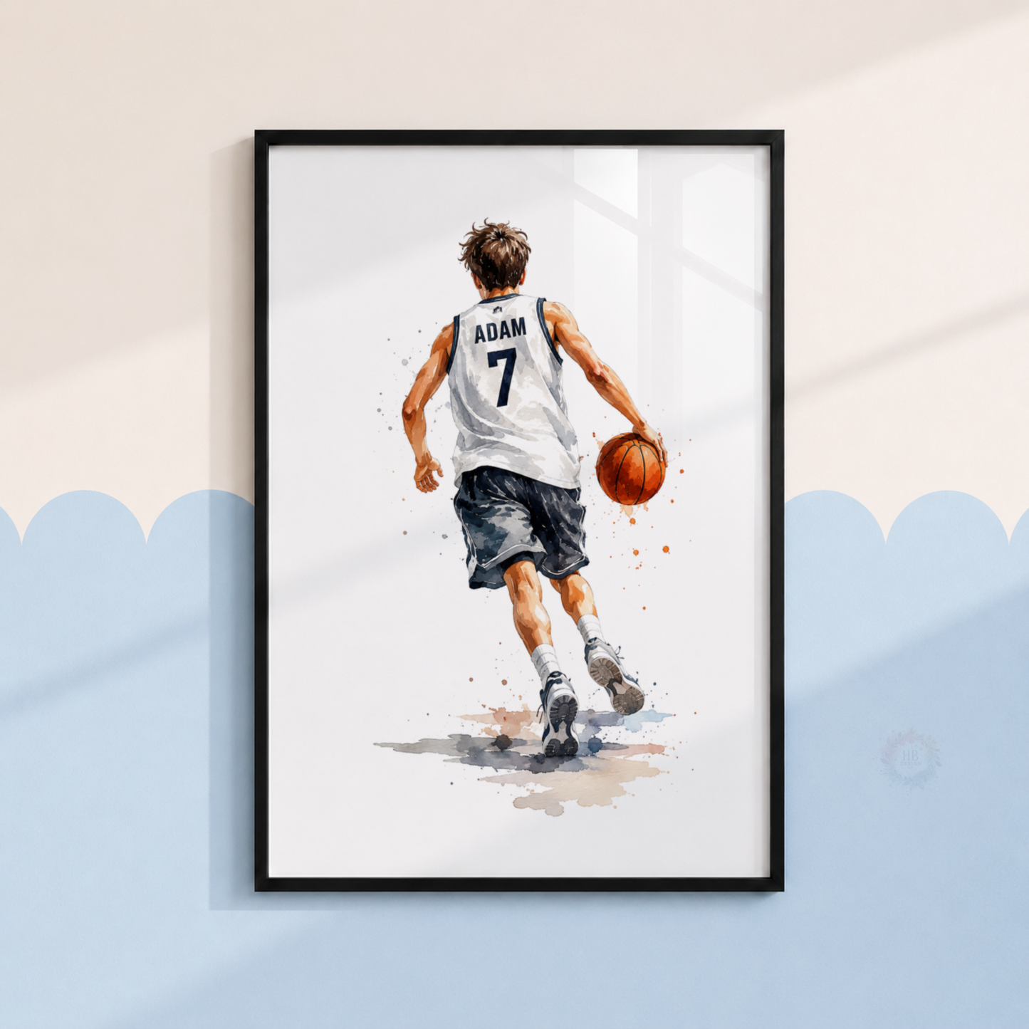 Personalised Basketball Wall Art Prints – Set of 3 Watercolour Player, Hoop & Ball Prints