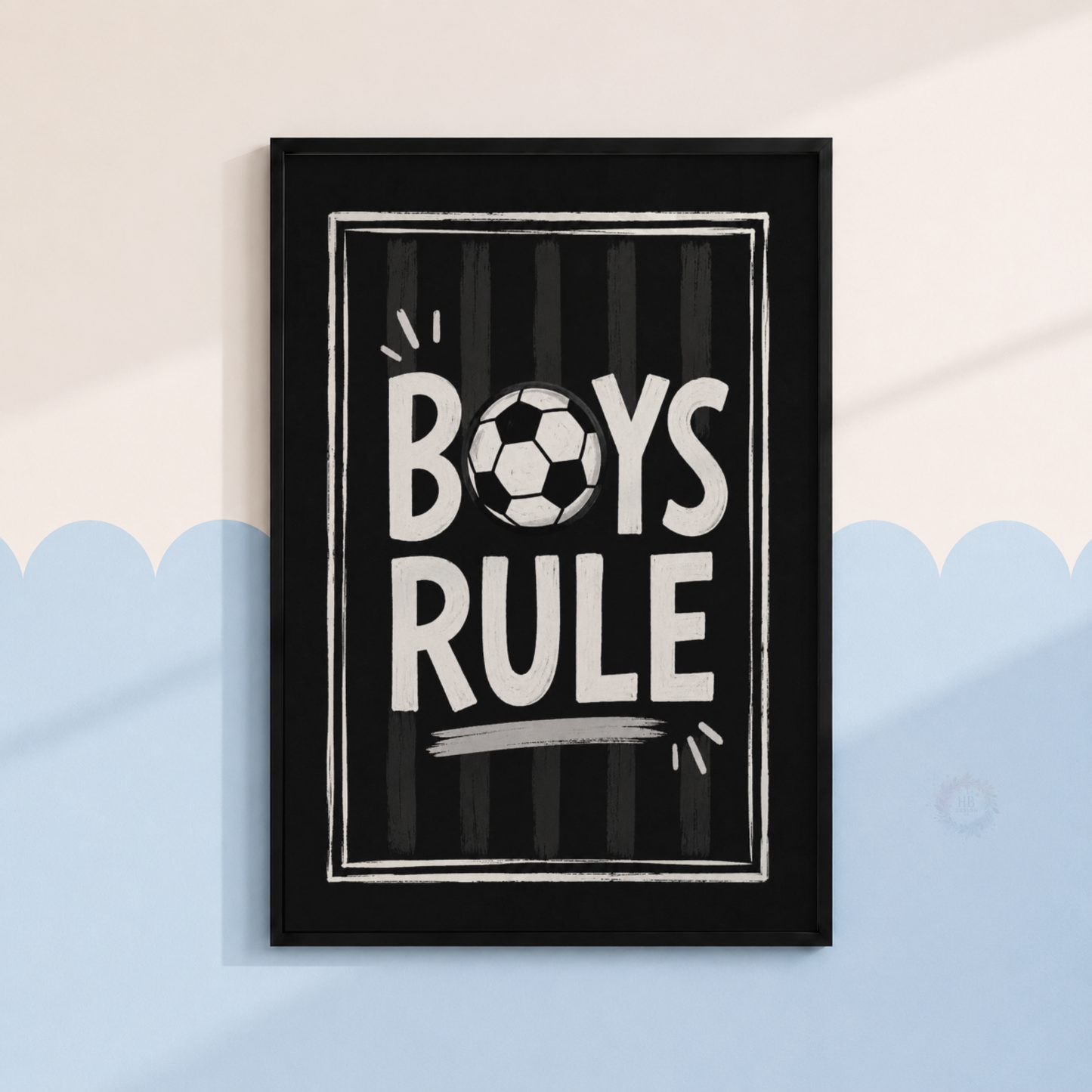 Boys Rule Football Print – Black & White Soccer Wall Art for Boys Bedroom