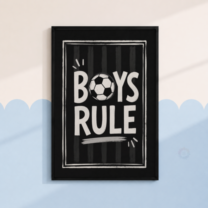 Boys Rule Football Print – Black & White Soccer Wall Art for Boys Bedroom