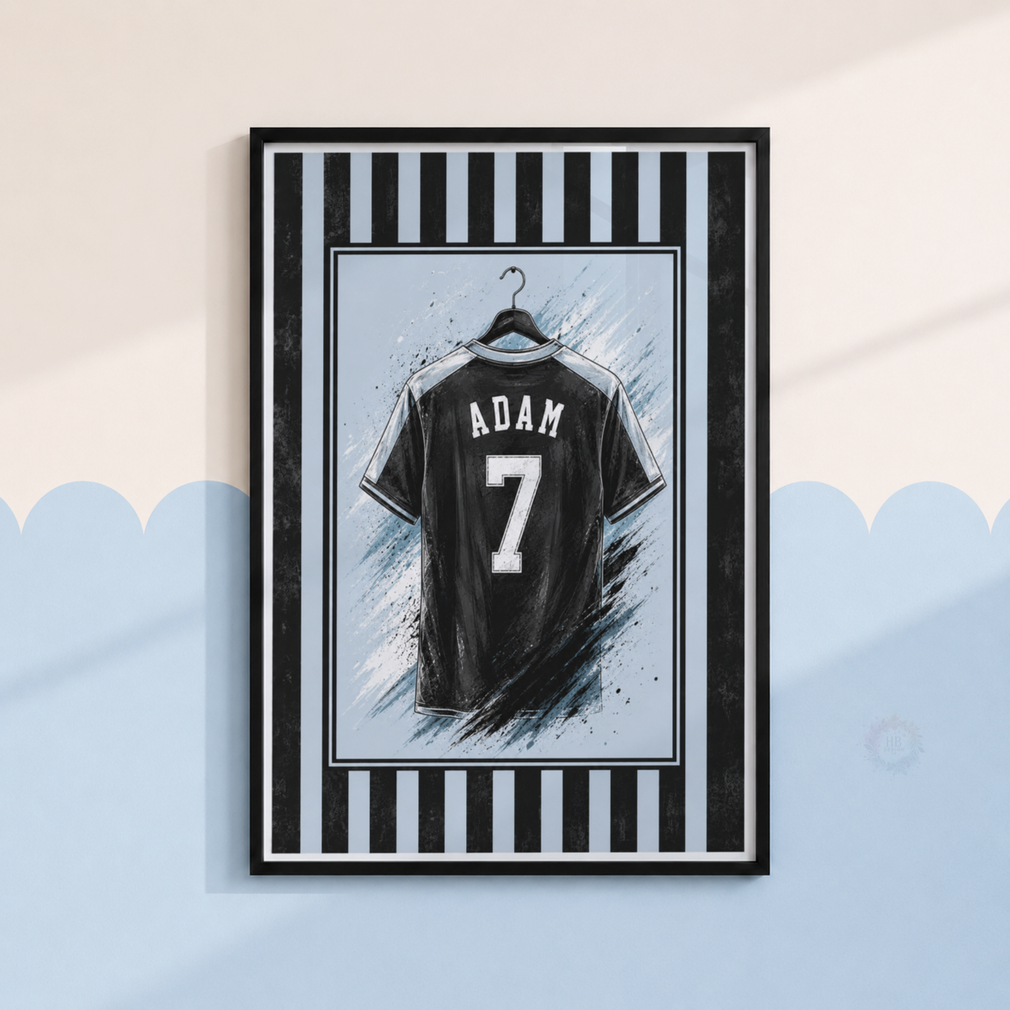 Personalised Blue & Black Football Wall Art Set – Name & Number Prints