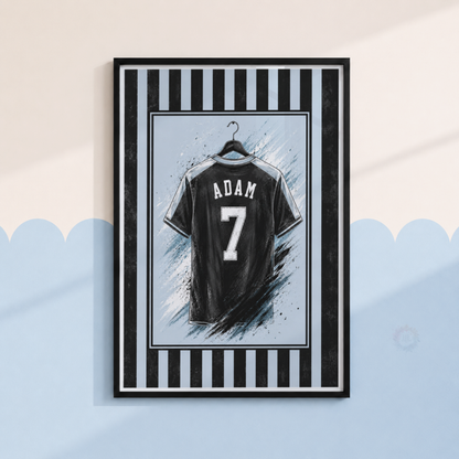 Personalised Blue & Black Football Wall Art Set – Name & Number Prints