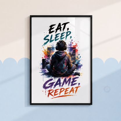 Eat Sleep Game Repeat Gaming Print – Colourful Gamer Bedroom Wall Art