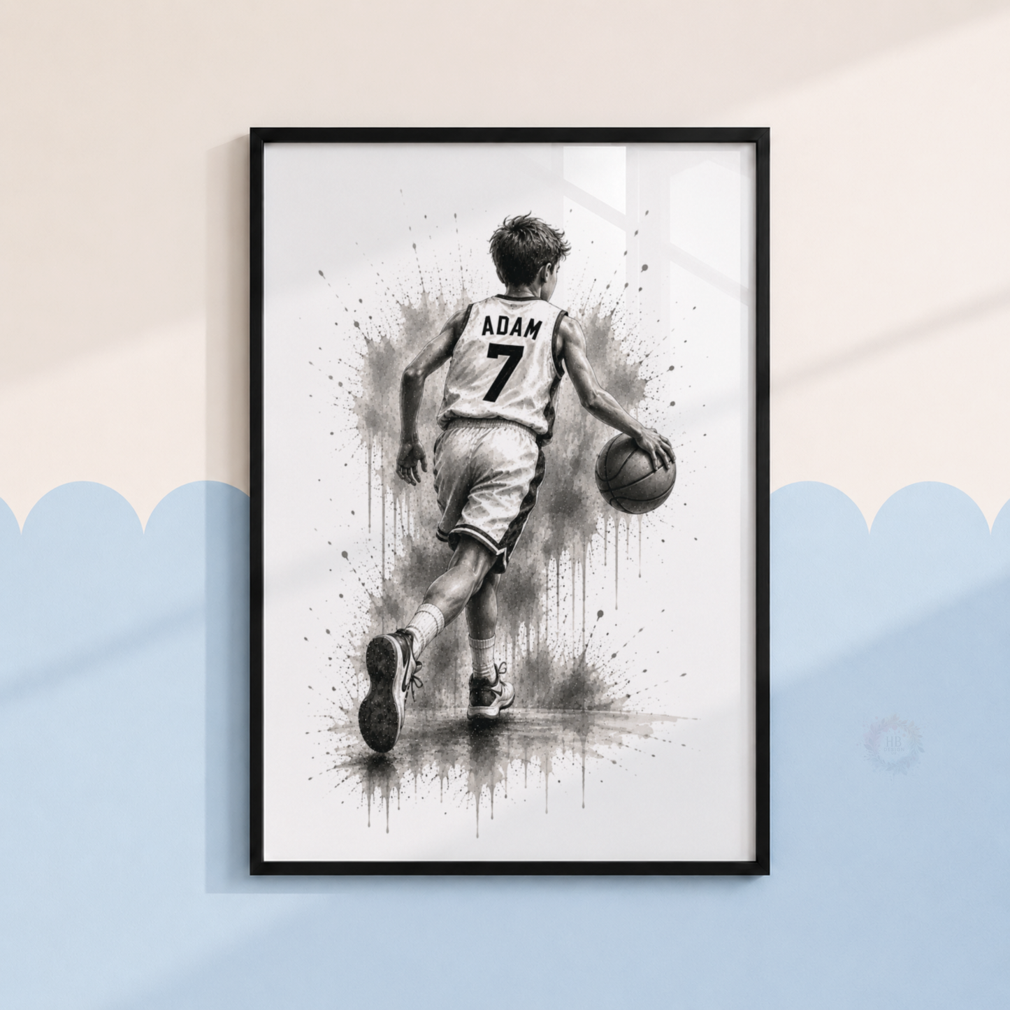 Personalised Basketball Wall Art Print Set – Black & White Custom Name & Number