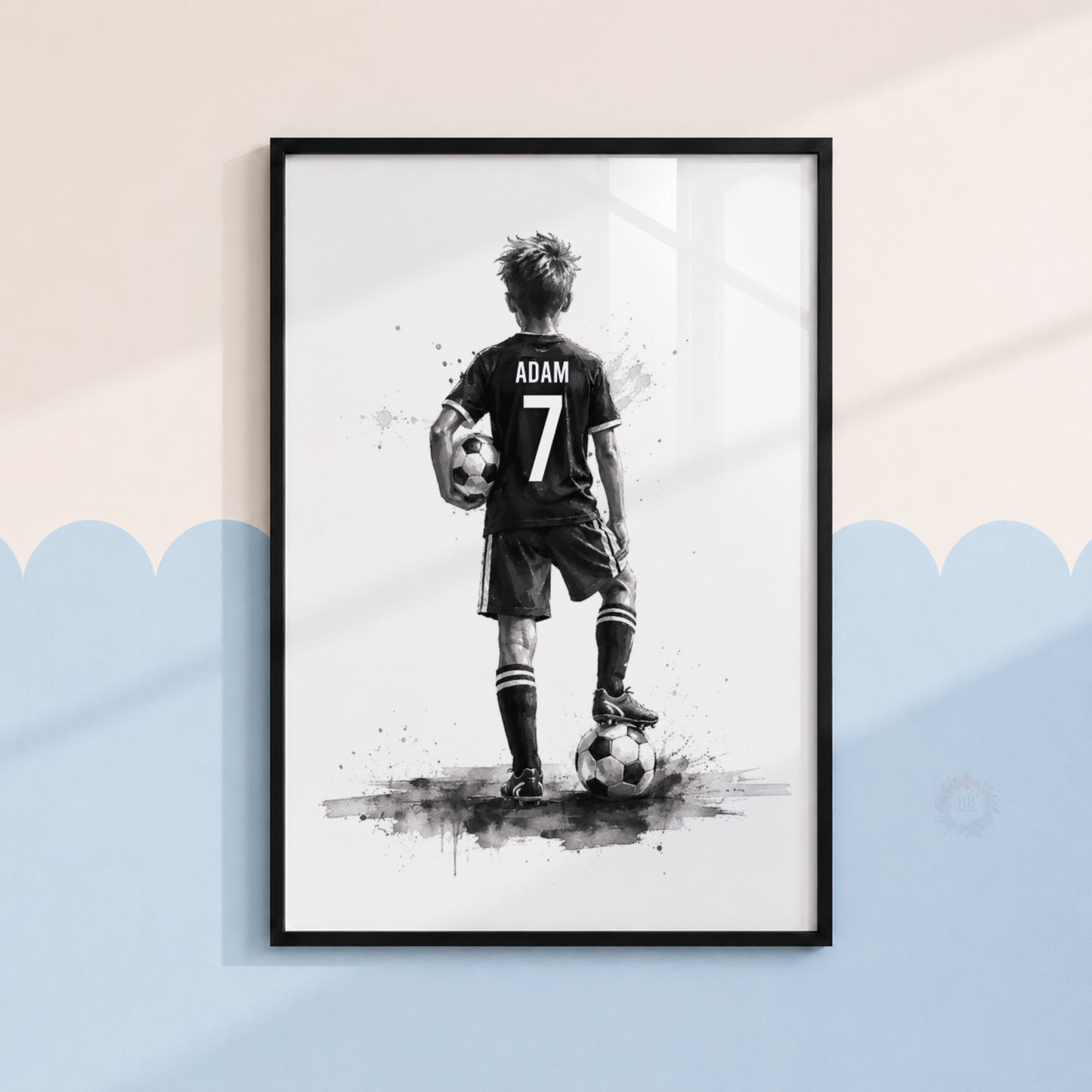 Personalised Black & White Football Wall Art Set – Name & Number Prints