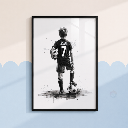 Personalised Black & White Football Wall Art Set – Name & Number Prints