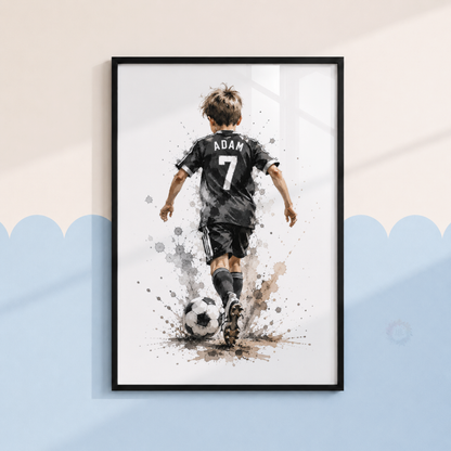 Personalised Black & White Football Wall Art Set – Name & Number Football Prints