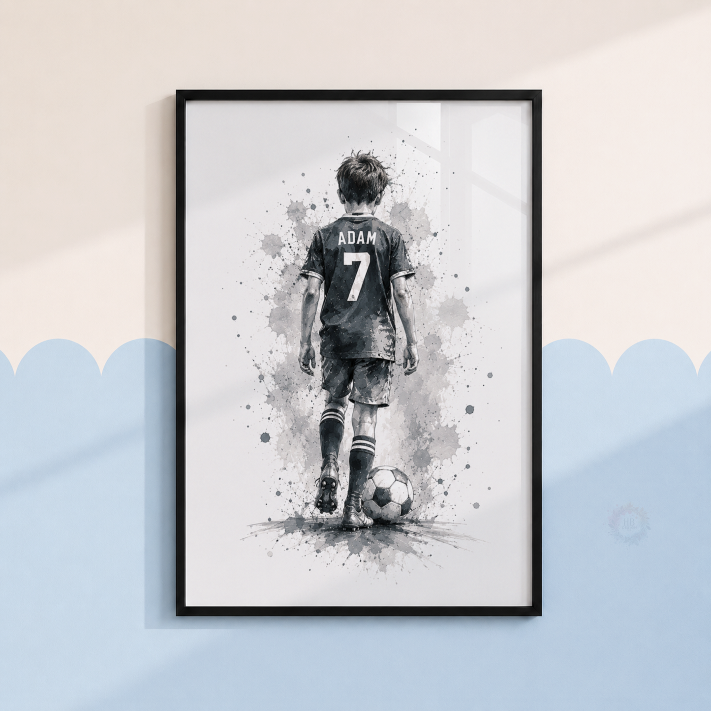 Personalised Monochrome Football Wall Art Set – Name & Number Prints