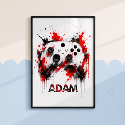 Personalised Red & Black Gaming Controller Print – Custom Name Gamer Wall Art
