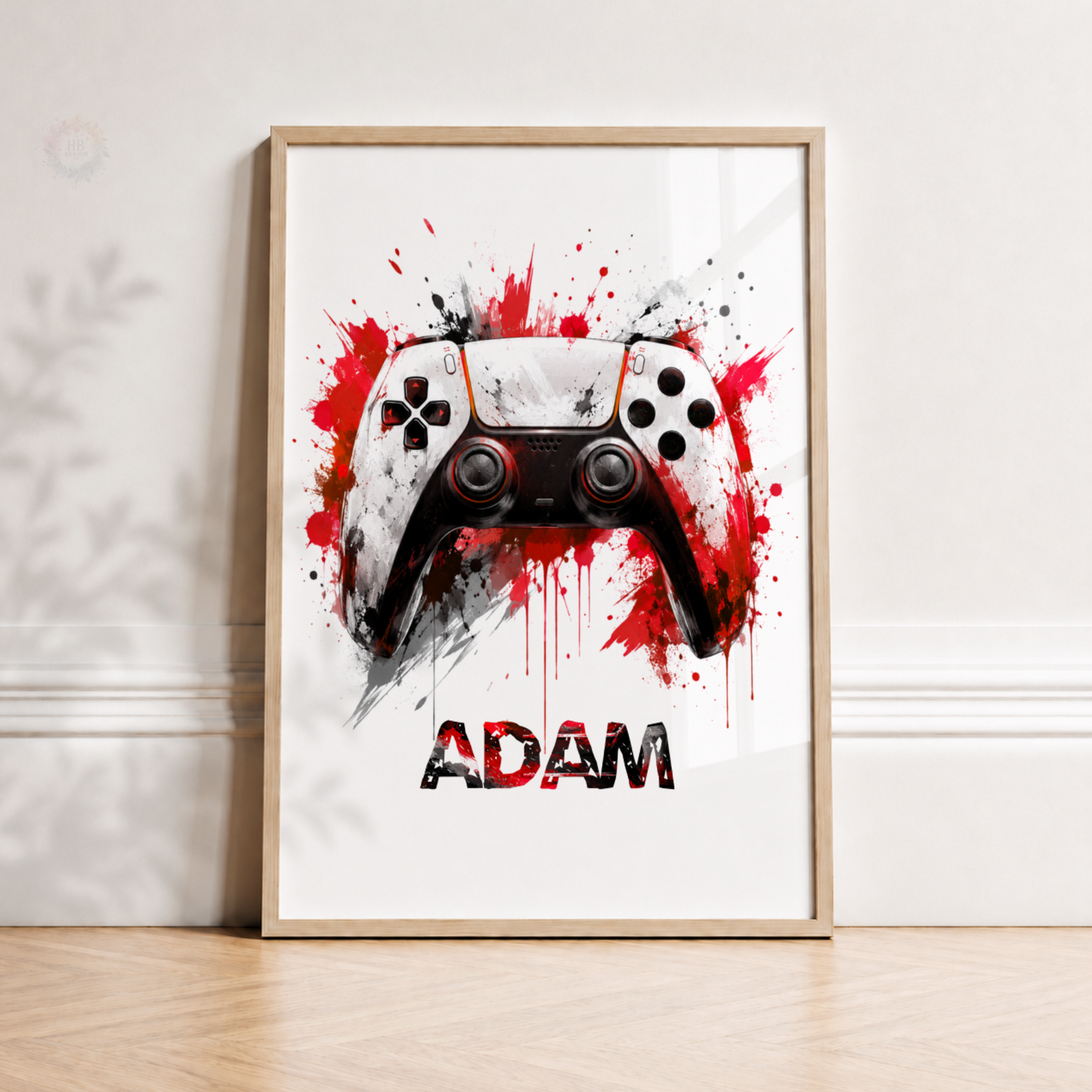 Personalised Red & Black Gaming Controller Print – Custom Name Gamer Wall Art