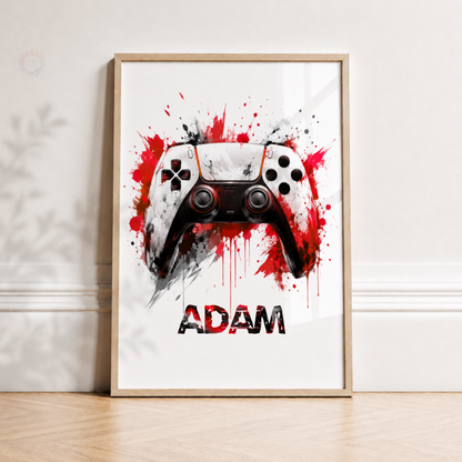 Personalised Red & Black Gaming Controller Print – Custom Name Gamer Wall Art