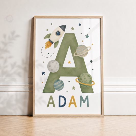 Personalised Space Initial Print – Rocket & Planets Nursery Wall Art