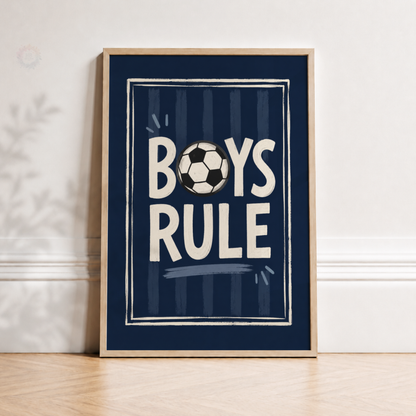 Boys Rule Football Print – Navy Soccer Wall Art for Boys Bedroom