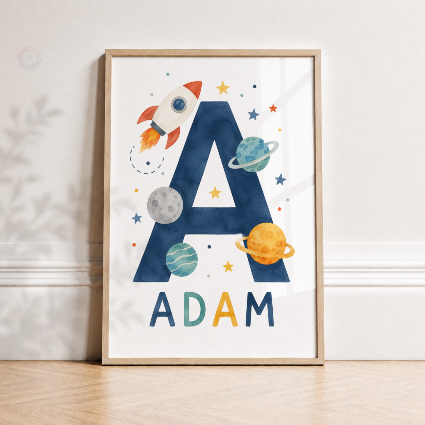 Personalised Space Initial Print – Blue Rocket & Planets Nursery Wall Art