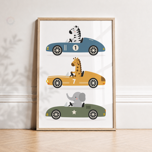 Safari Animal Racing Cars Print – Zebra, Giraffe & Elephant Nursery Wall Art