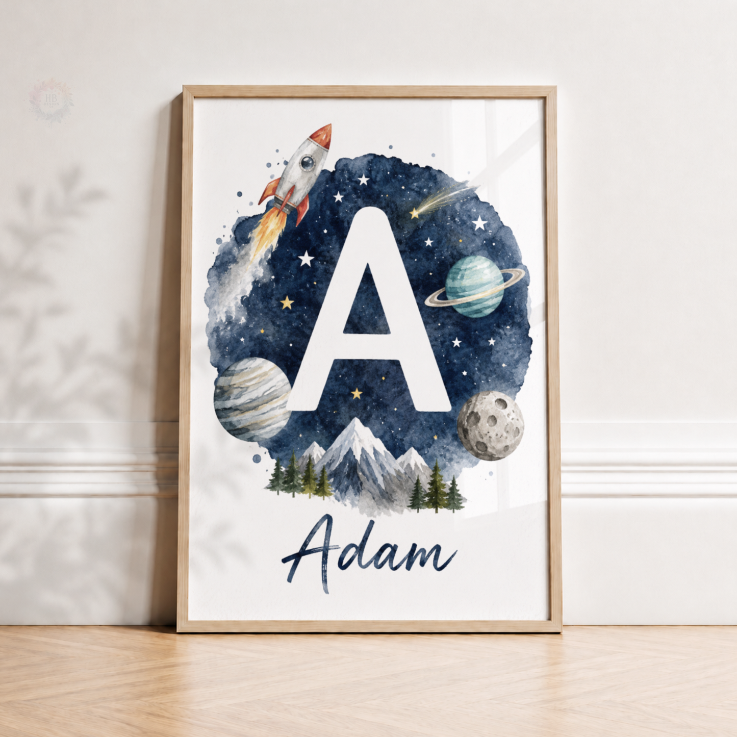 Personalised Space Initial Print – Watercolour Rocket & Planets Nursery Wall Art