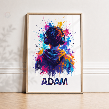 Personalised Gamer Headphones Print – Custom Name Colourful Gaming Wall Art
