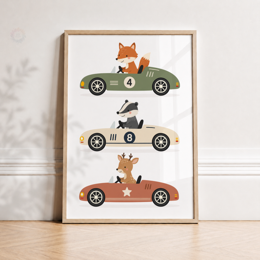 Woodland Animal Racing Cars Print – Fox, Badger & Deer Nursery Wall Art