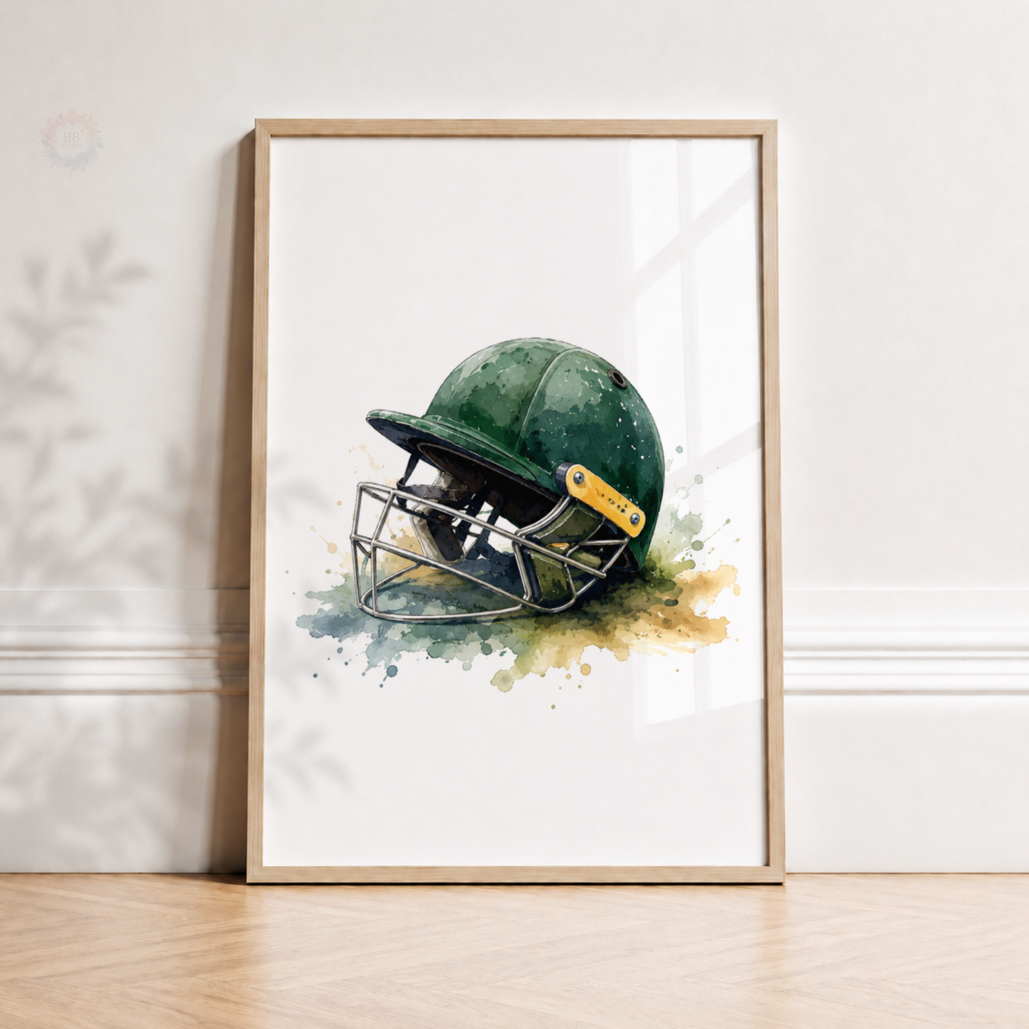 Personalised Cricket Prints – Set of 3 Green Watercolour Bat, Player & Helmet Wall Art