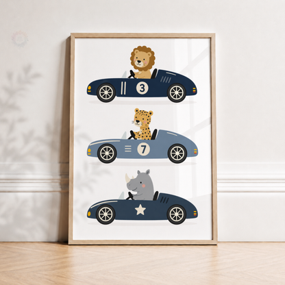 Safari Animal Racing Cars Print – Lion, Cheetah & Rhino Nursery Wall Art