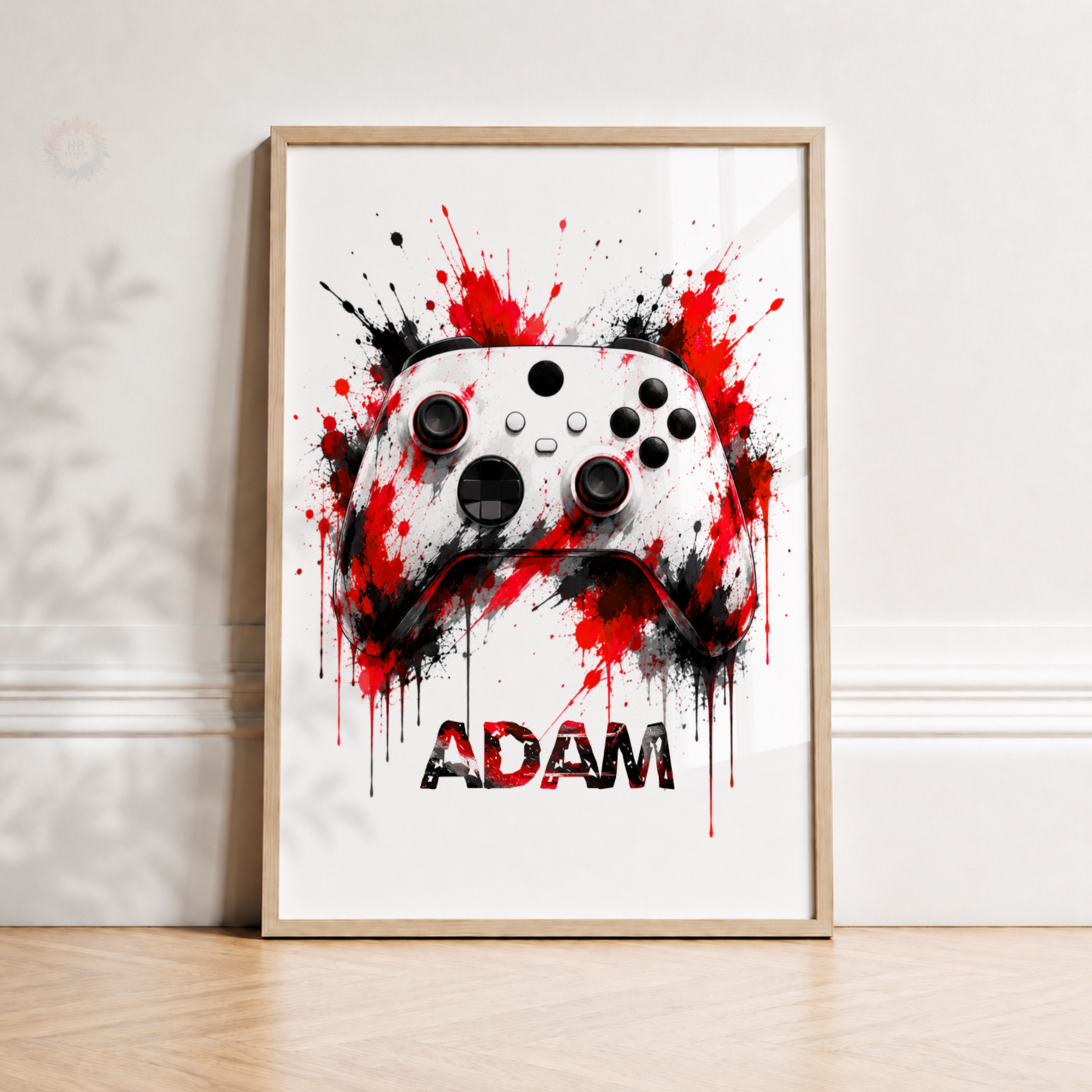 Personalised Red & Black Gaming Controller Print – Custom Name Gamer Wall Art