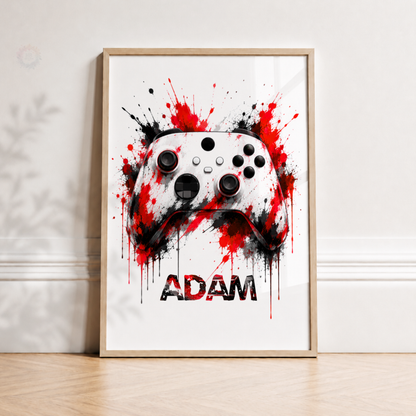 Personalised Red & Black Gaming Controller Print – Custom Name Gamer Wall Art