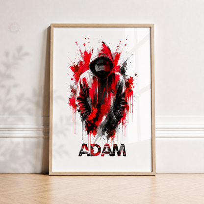 Personalised Red & Black Gamer Print – Custom Name Hooded Gaming Wall Art