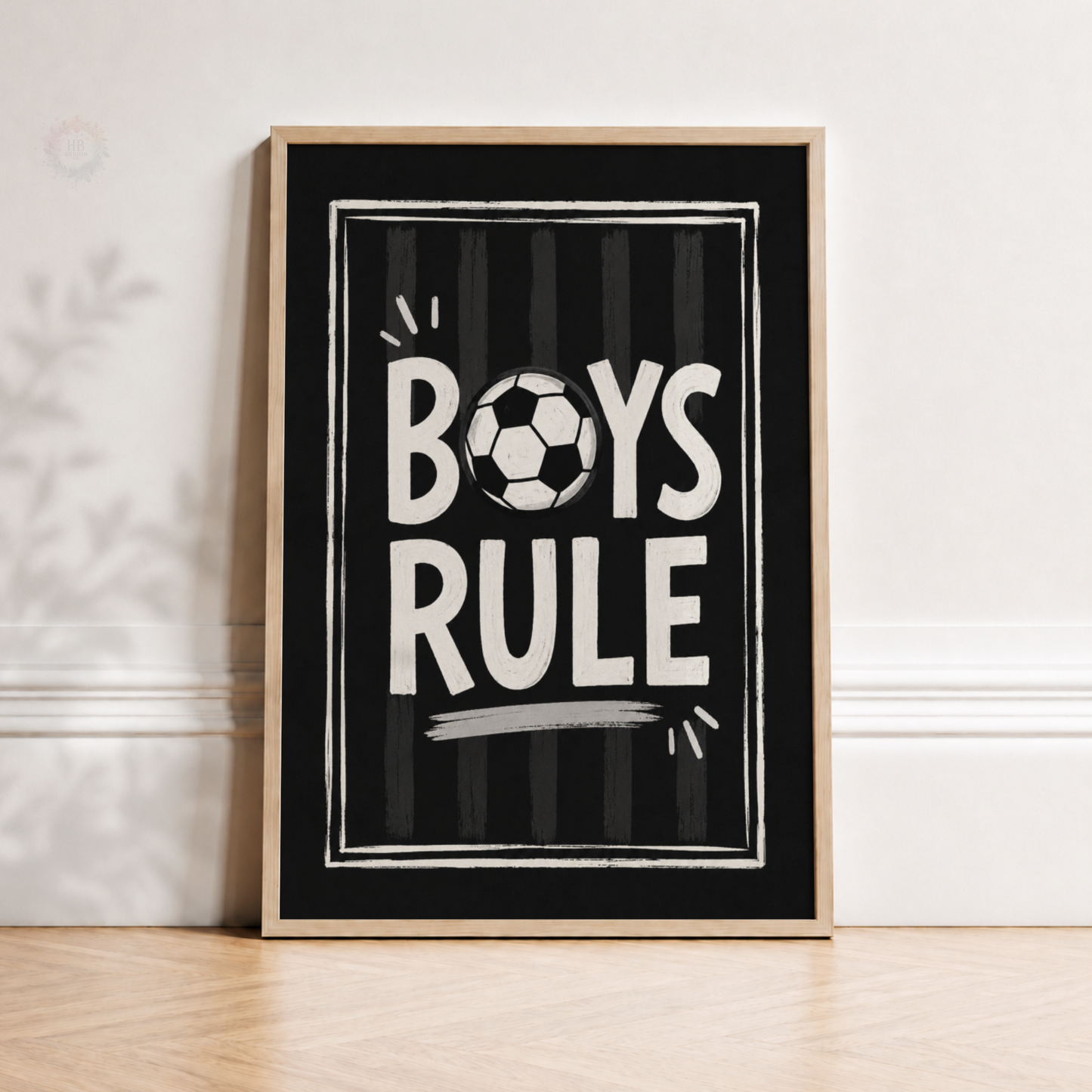 Boys Rule Football Print – Black & White Soccer Wall Art for Boys Bedroom