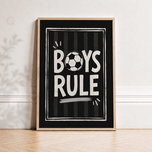 Boys Rule Football Print – Black & White Soccer Wall Art for Boys Bedroom