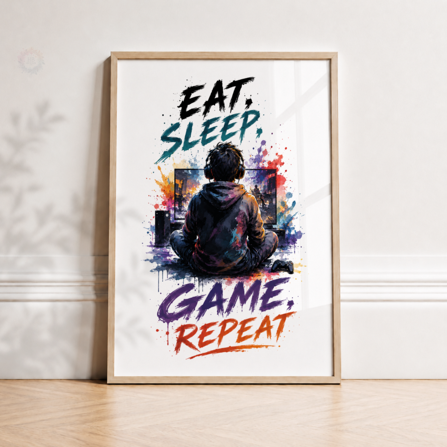 Eat Sleep Game Repeat Gaming Print – Colourful Gamer Bedroom Wall Art