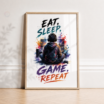 Eat Sleep Game Repeat Gaming Print – Colourful Gamer Bedroom Wall Art