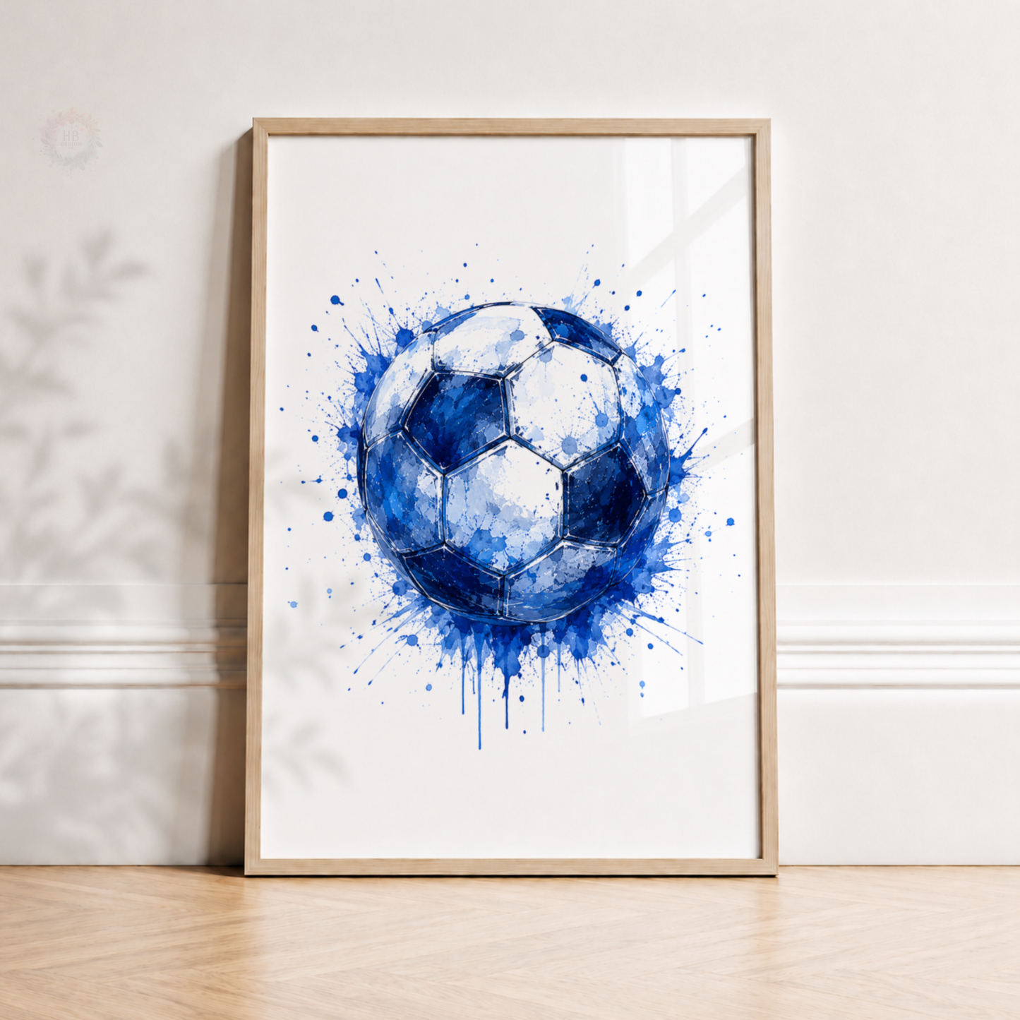 Personalised Blue Watercolour Football Wall Art Set – Name & Number Prints